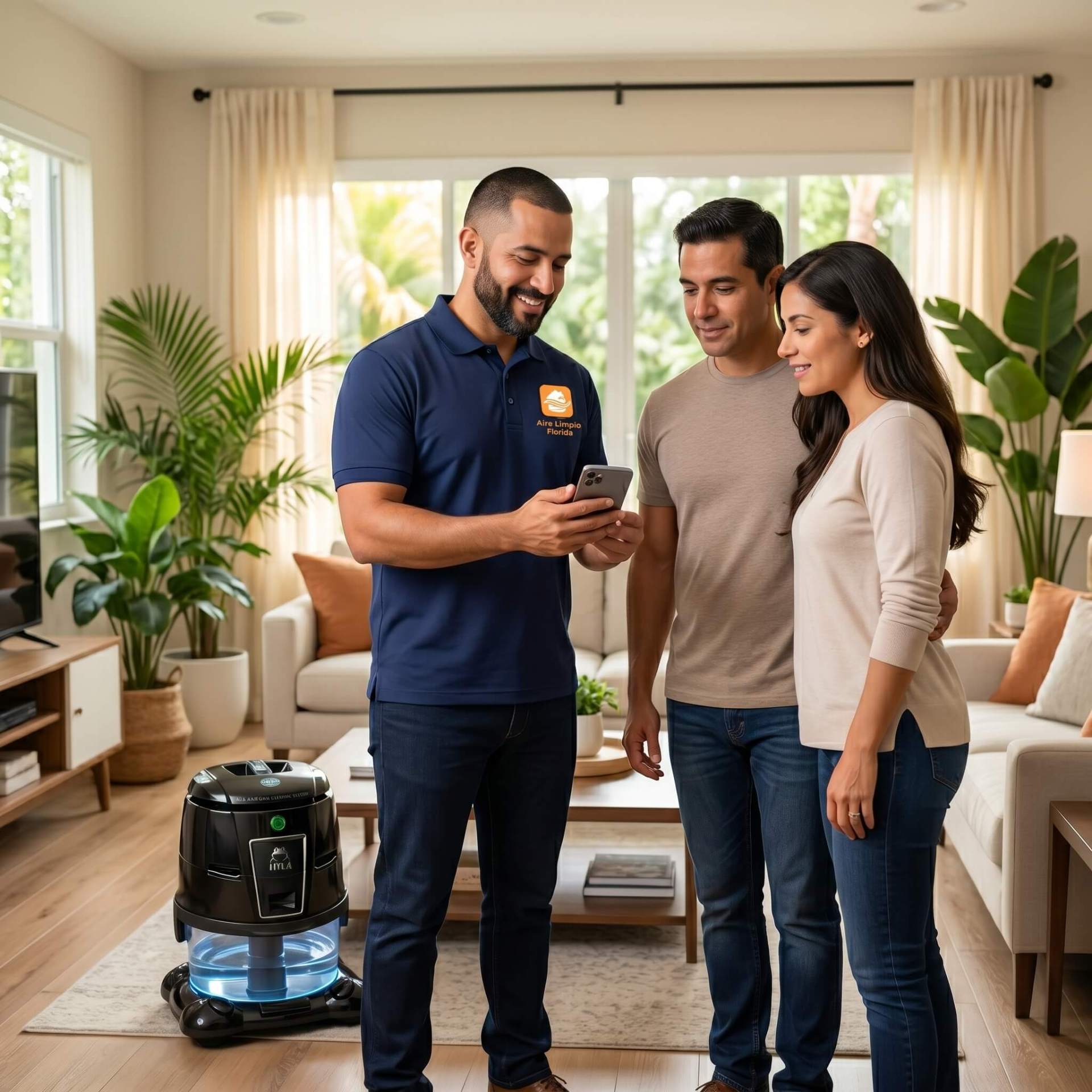 Especialista del Programa Aire Limpio Florida atendiendo a una familia hispana en su hogar en Miami-Dade